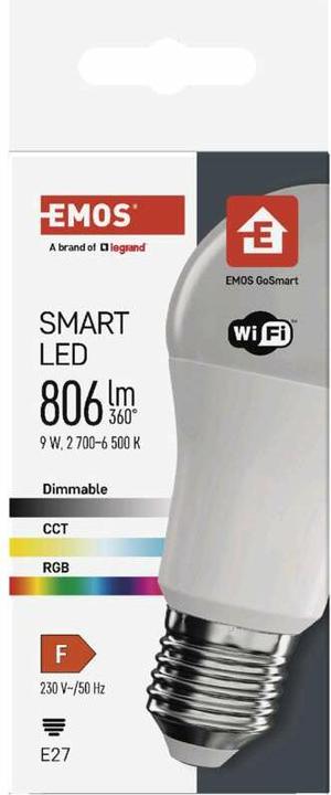 Actual product image Emos LED lamp GoSmart A60 / E27 / 9 W (60 W) / 806 lm / RGB / dimmable / Wi-Fi (E27, 9 W, 806 lm, 1 x, F)