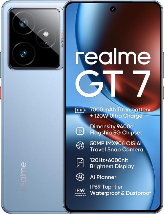Actual product image realme GT 7 5G Dual Sim 12GB RAM 512GB - Blue (512 GB, IceSense Blue, 6.77", Dual SIM, 50 Mpx, 5G)