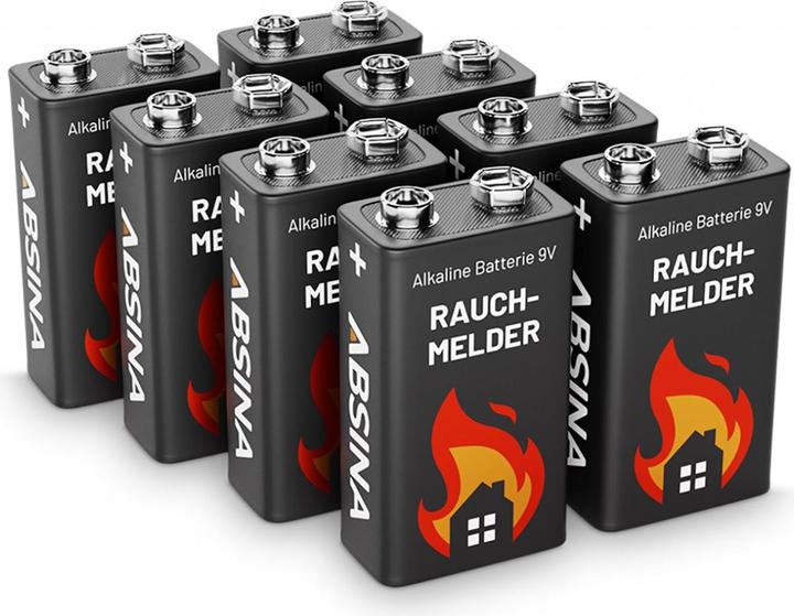 Actual product image Absina Alkaline 9V 6LR61 block batteries ideal for smoke detectors, pack of 8 (8 pcs., 9V Block)