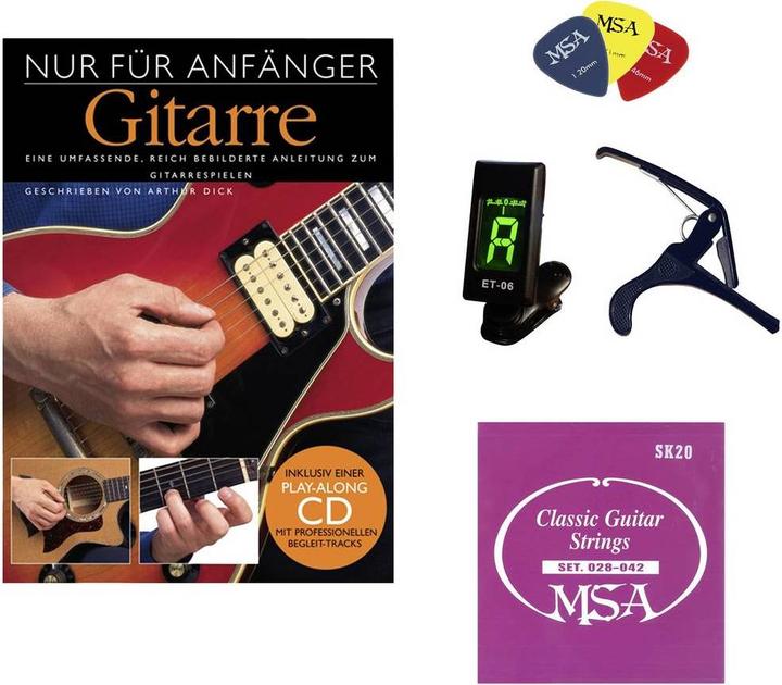 Produktbild MSA Starter Kit Konzertgitarre Gitarrenschule mit CD Kapodaster Stimmgerät Konzert Saiten 3 Picks