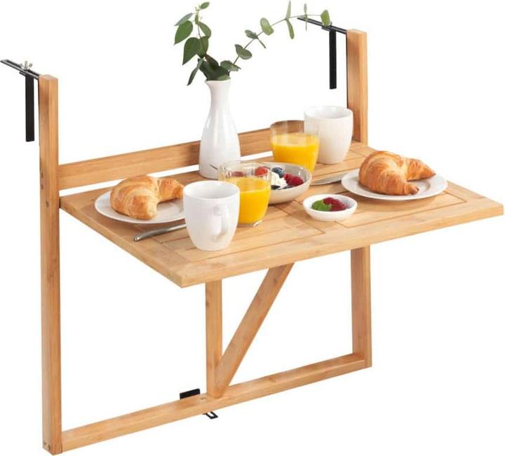 Actual product image Wenko Bamboo balcony folding table Mod. Waikiki for hanging on balcony railings (64 cm)
