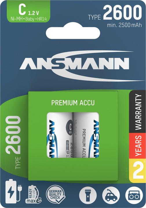 Ansmann NiMH Akku Baby C Typ 2600 (min. 2500 mAh) maxE (2 Stk., C, 2600 mAh)