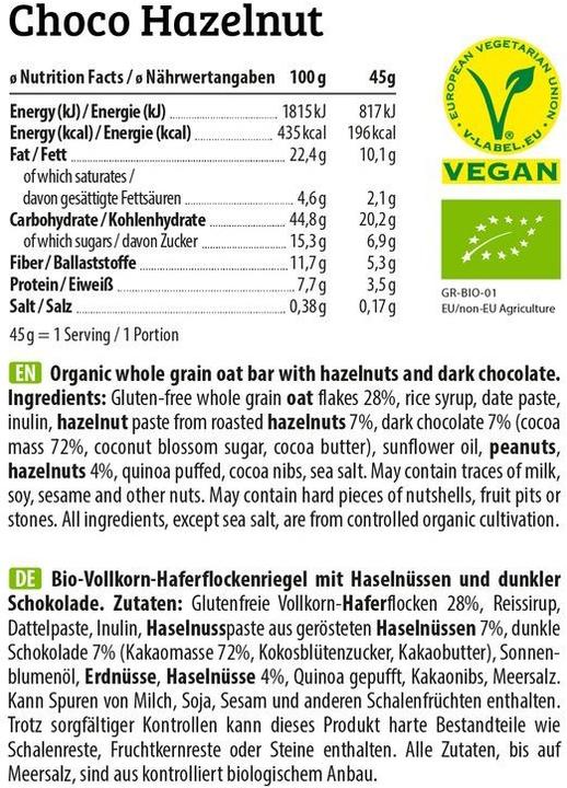 Valeurs nutritives et ingrédients HEJ Nutrition Hej Oat (bio) (12 x 45G) (Chocolat, Noisette, 12 pcs, 540 g)