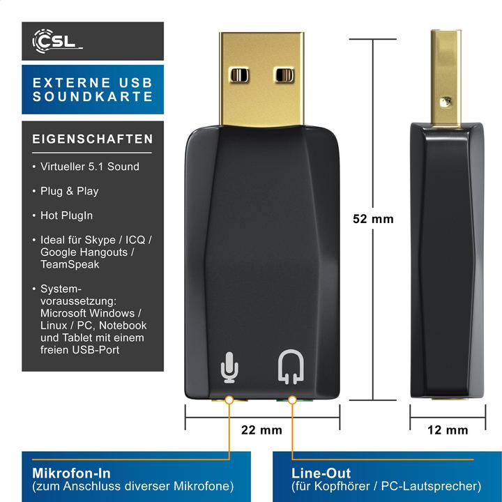 Immagine prodotto CSL Scheda audio USB a 5.1 canali, esterna, 5.1 virtual surround, connessioni line-out e microfono-in (USB 2.0)