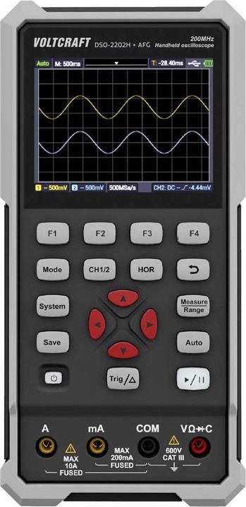 Produktbild Voltcraft DSO-2202H + AFG Hand-Oszilloskop 200MHz 2-Kanal 1 GSa/s 8 kpts 8 Bit Handgerät 1St. (CAT II 400V)