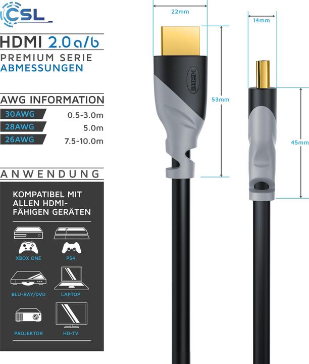 Produktbild CSL HDMI Kabel 2.0b - 4k Ultra HD 2160p - High Speed - 3D Ready - 3 fach geschirmt - HDMI 2.0b 2.0a 2.0 (2 m, HDMI)