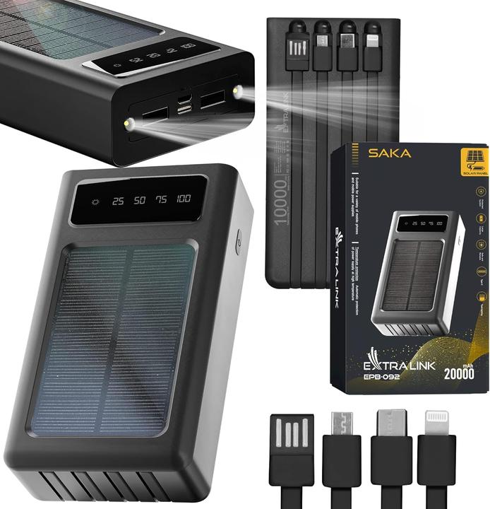 Immagine prodotto Extralink EPB-092 20000mAh Czarny | Powerbank | Powerbank solare, USB-C (20000 mAh, 10 W, 74 Wh)