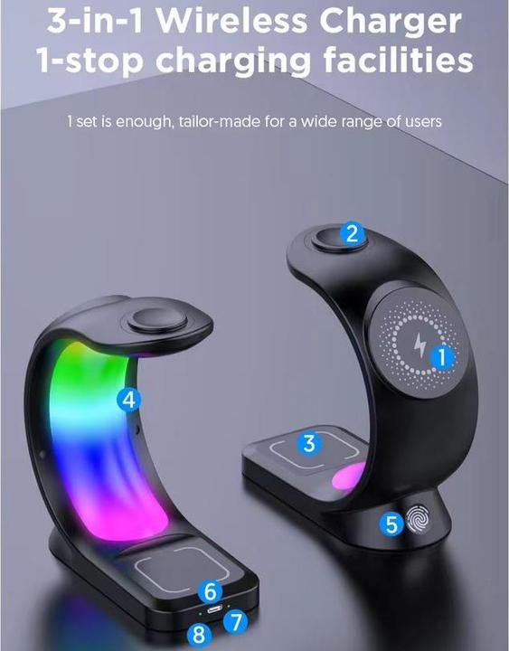 Produktbild PhoneLook Ladestation wireless MagSafe 15W 3in1 (iPhone, AirPods, Apple Watch) mit RGB LED Licht (15 W)
