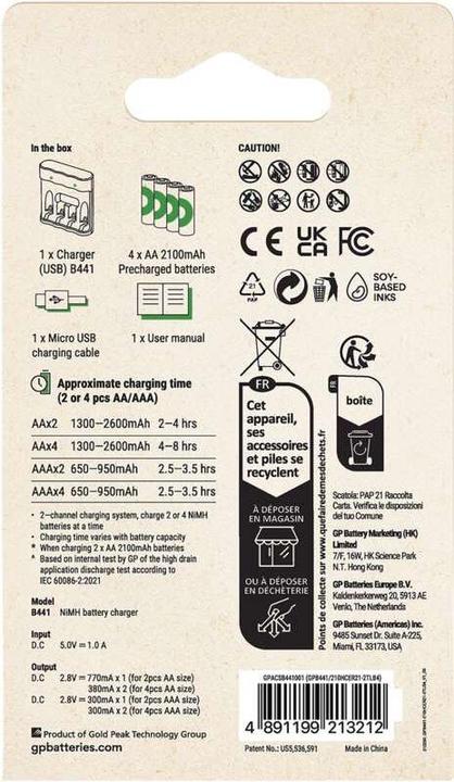 Productafbeelding GP Batteries GP ReCyko Alledaagse Batterijlader, B441 (USB), incl. 4 x AA 2100 mAh Batterijen (4 Pcs., AA, 2100 mAh, Oplaadbare batterijen + lader)