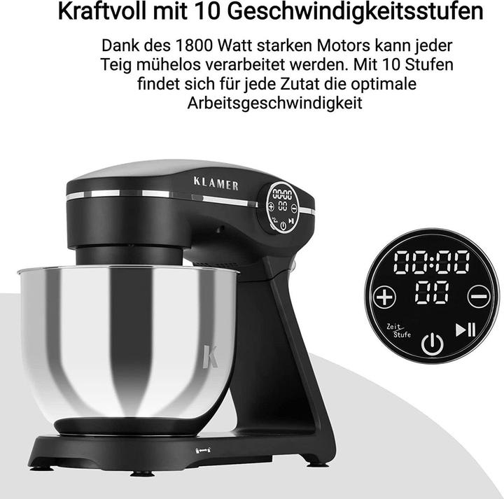 Actual product image KLAMER Küchenmaschine, Knetmaschine mit 6 Liter Edelstahl Schüssel (1800 W)