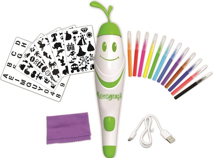 Immagine prodotto Lexibook Aerograph, il magico marcatore elettronico a spruzzo d'aria con stencil e 12 penne per acquerello (Verde-bianco, 12 x)