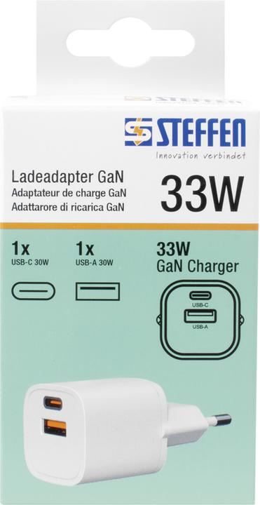 Actual product image Steffen Ladeadapter GaN 33W PD 1xUSB-A + 1xUSB-C max. 3.6A ws (USB-A, USB-C, 1 x)