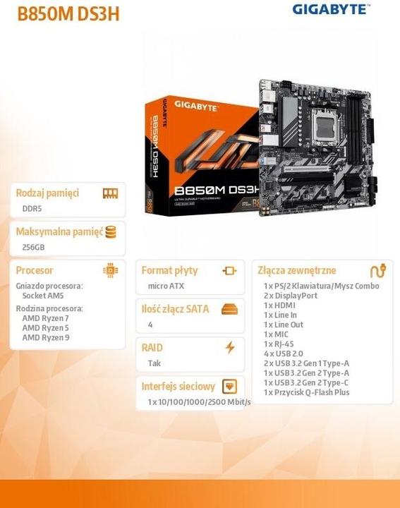 Produktbild Gigabyte B850M DS3H (AM5, AMD B850, mATX)