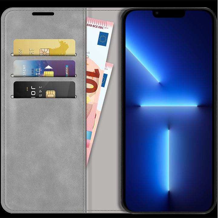 Produktbild Cazy Book Case Kompatibel mit iPhone 13 Pro Max - Hülle klappbar Magnetisch Kunstleder - Grau (Apple iPhone 13 Pro Max)