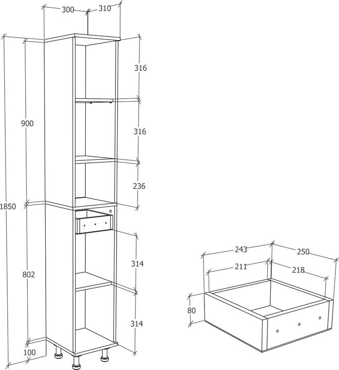 Actual product image VCM Wooden Bathroom Furniture Tall Cabinet Bathroom Cabinet Bathroom Drawer Shelf Nilosi (30 x 31 x 185 cm)
