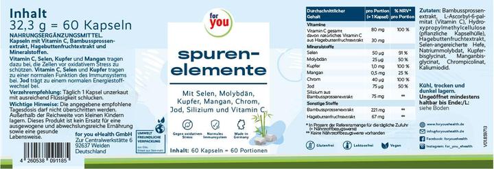 Nährwerte und Zutaten For You spurenelemente komplex (60 Stück, Kapseln)