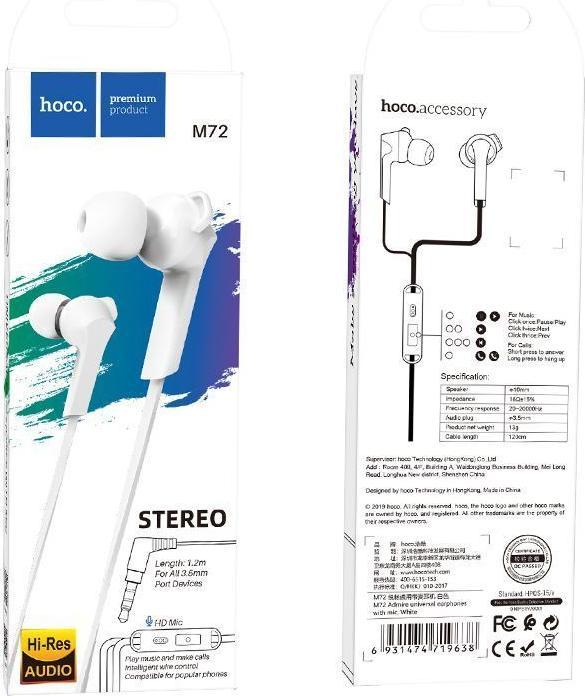Produktbild Hoco Wired headphones wire earphones Jack 3,5 mm with microphone M72 white (Kabelgebunden)