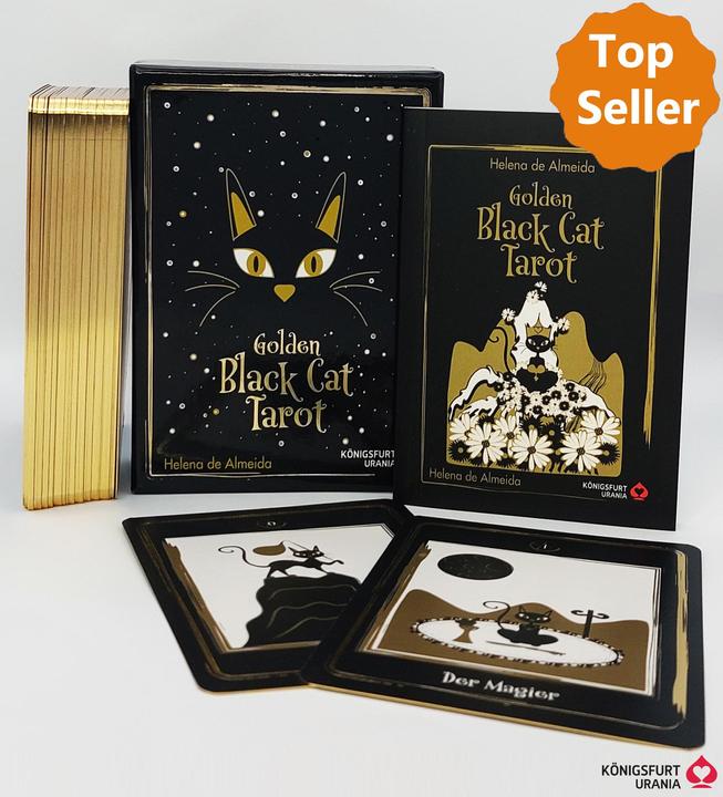 Actual product image Golden Black Cat Tarot - Hochwertige Stülpdeckelschachtel mit Goldfolie (German, Helena de Almeida, 2022)