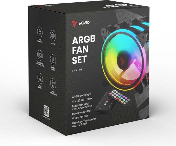 Actual product image Savio Wentylator FAN-01 4-pack 120mm ARGB wraz kontrolerem oraz pilotem (120 mm, 1 x)