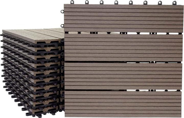 Actual product image Swisshandel24 WPC floor tile Rhone, wood look balcony/terrace, 11x each 30x30cm = 1sqm base, coffee linear (11 x, 30 x 30 cm)