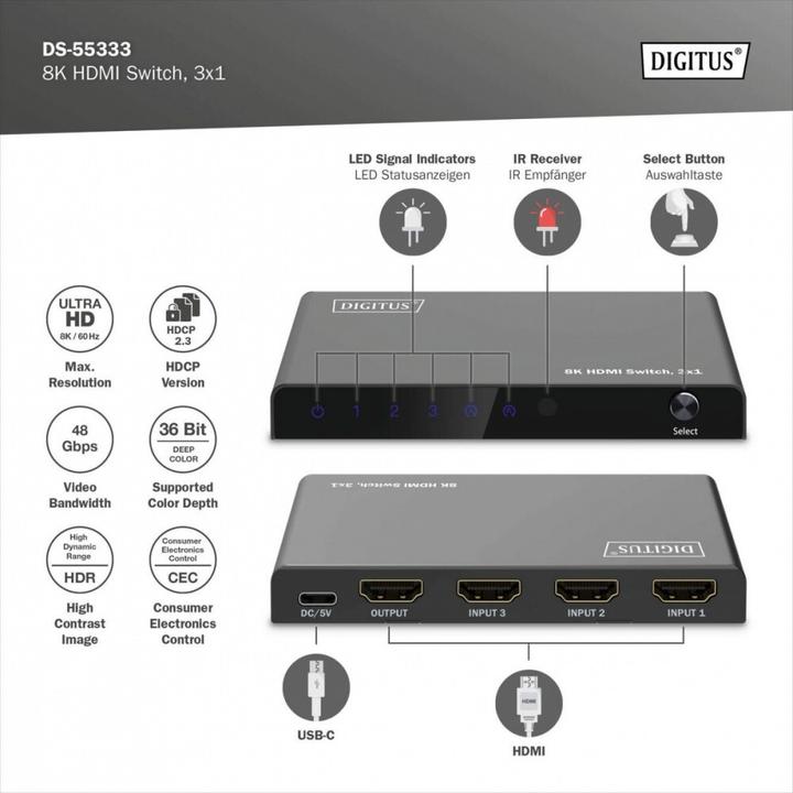 Actual product image Digitus 8K HDMI Switch, 3x1