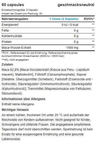 Nutritional values and ingredients Biotech USA BioTech Maca 60 capsules (60 Piece, Capsules)