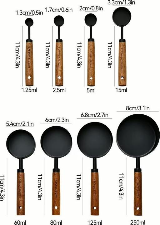 Actual product image Homerely 8 Teiliges Edelstahl Messbecher und Messlöffel mit Holzgriff Set Schwarz