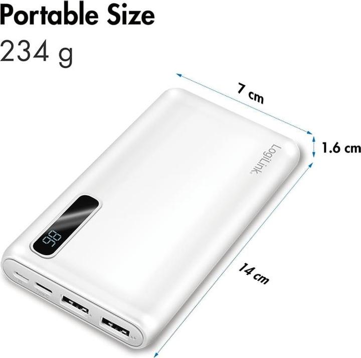 Produktbild LogiLink Powerbank 10000 mAh, 2x USB-A, 2-in-1 Kabel, mit Display, weiss (10000 mAh)