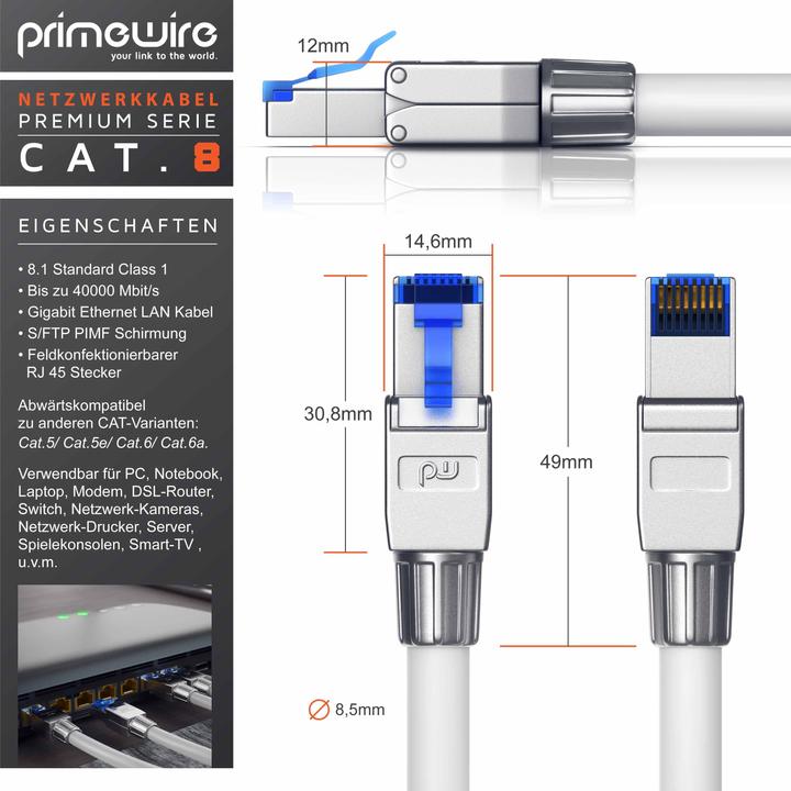 Actual product image Primewire LAN cable CAT.8, RJ-45, network cable CAT 8, Gigabit Ethernet 40 Gbit/s, S/FTP Pimf patch cable (S/FTP, CAT8.1, 20 m)