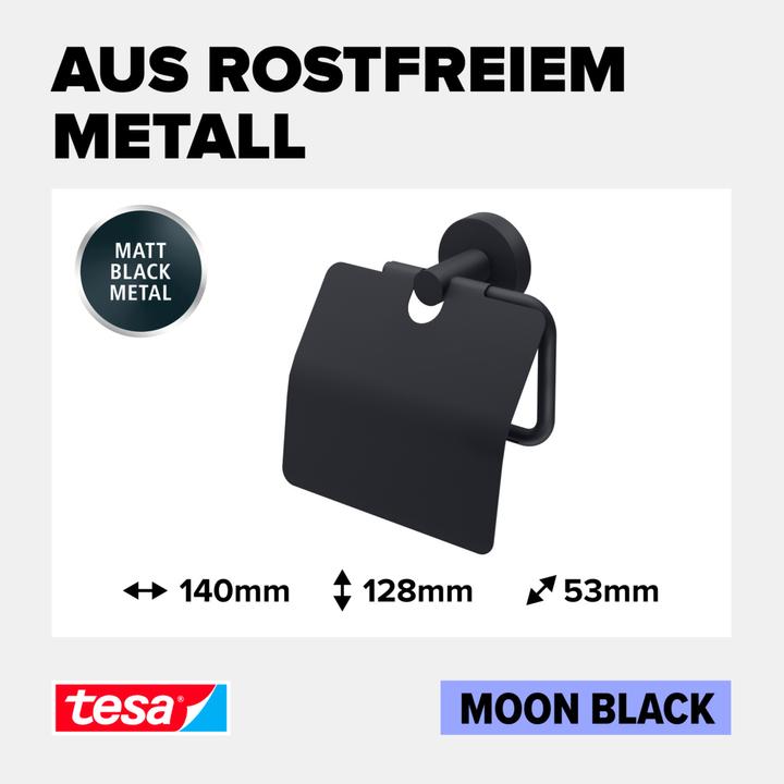 Produktbild tesa MOON BLACK Toilettenpapierhalter mit Deckel inkl. Klebelösung ohne Bohren