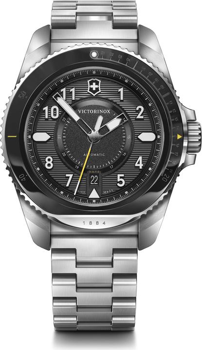 Victorinox Journey 1884 Automatic, Taucheruhr, Herrenuhr, 43 cm, Ziffernblatt schwarz, Edelstahl Armband silber (Taucheruhr, 43 mm)