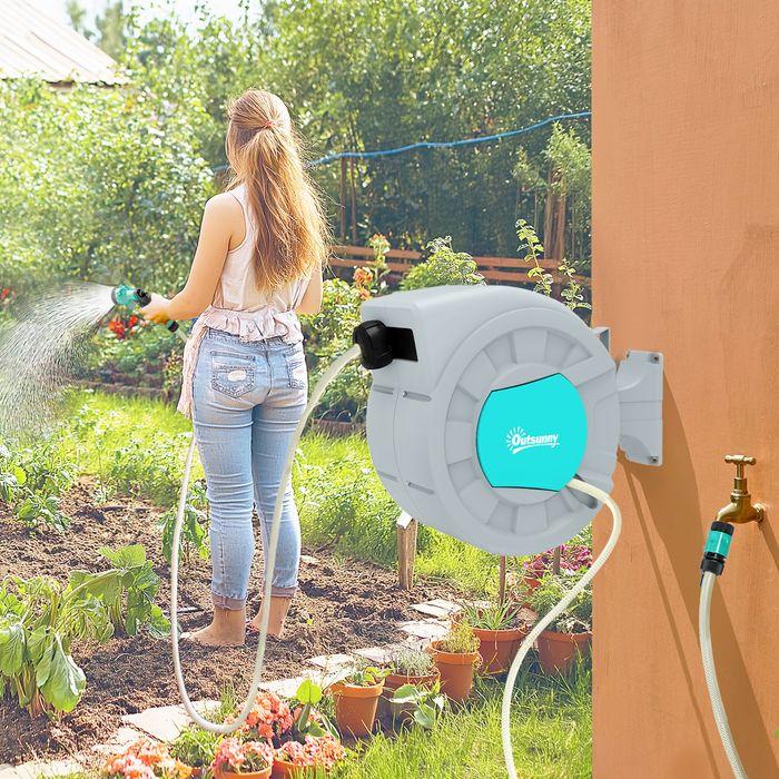 Immagine prodotto Swisshandel24 Schlauchtrommel mit Gartenschlauch 25m, Wandmontage, automatische Aufrollung, Handbrause, Grün+Grau (25 m)