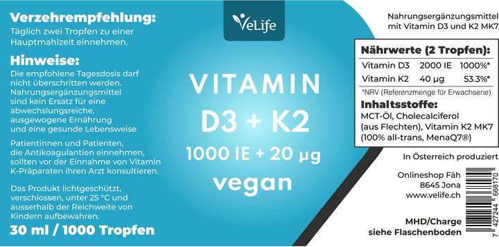 Valeurs nutritives et ingrédients VeLife D3 K2 vegan gouttes (1 pièce(s), Gouttes, 83 g)