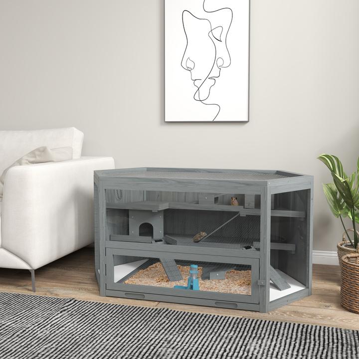 Produktbild PawHut Hamsterkäfig Tannenholz, PS-Plexiglas Grau