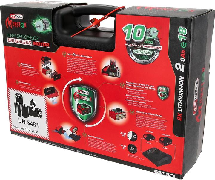 Actual product image KS Tools eMONSTER brushless cordless drill and screwdriver set, 4 pcs| 18 volt, 2 batteries and charger (Rechargeable battery operated)