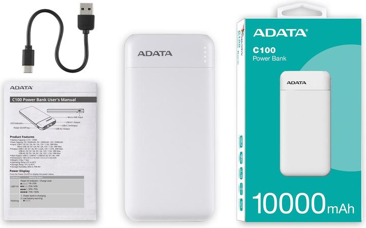 Produktbild Adata POWER BANK USB 10000MAH WHITE/PC100-14WH (10000 mAh, 20 W, 37 Wh)