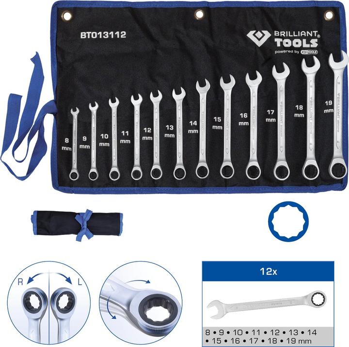 Actual product image Brilliant Tools BT013112 Ratchet ring wrench set (19 mm, 8 mm, 10 mm, 14 mm, 18 mm, 11 mm, 12 mm, 17 mm, 15 mm, 13 mm, 9 mm, 16 mm)