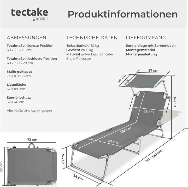 Immagine prodotto tectake lettino prendisole, regolabile in 4 posizioni (190 cm)