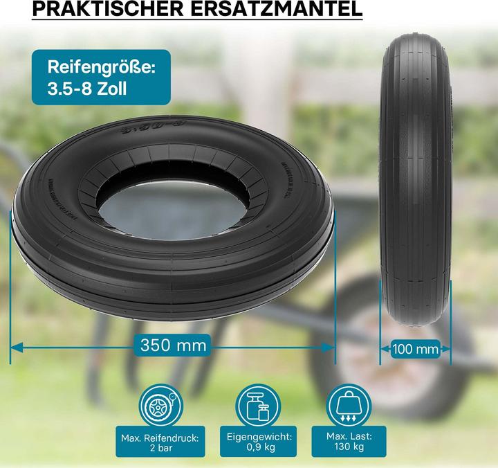 Produktbild Wiltec Reifenmantel 3.50-8 350x100mm 130kg Schubkarre Reifen Rad Mantel Luftrad
