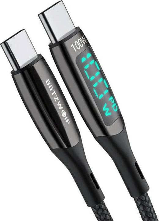 Actual product image BlitzWolf USB-C to USB-C cable BW-TC23, with display, 100W, 0.9m (black) (0.90 m, USB 3.2 Gen 1)