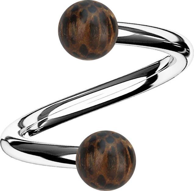 Image du produit Star Piercing Spirale argentée avec deux boules en bois de palmier (Acier chirurgical 316L, sans laiton, Organique)