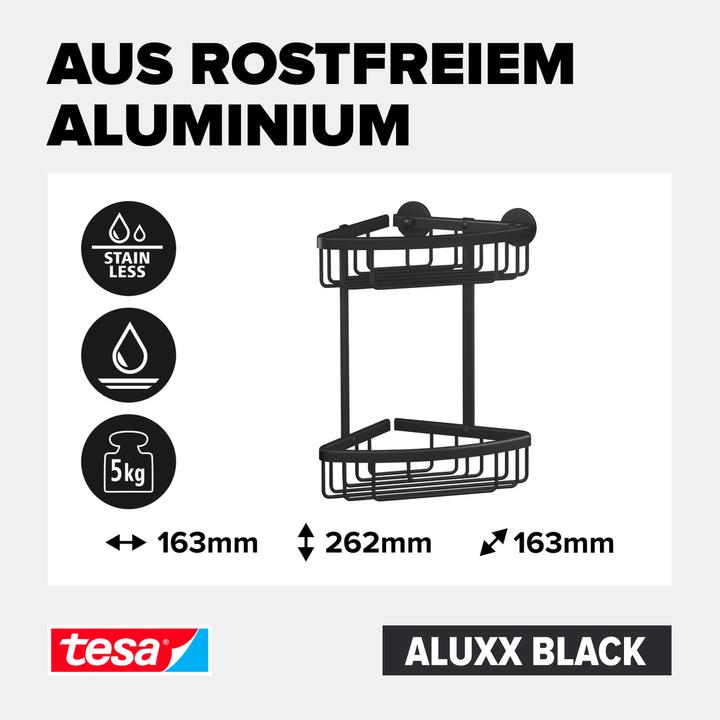 Produktbild tesa ALUXX BLACK Eck-Duschkorb inkl. Klebelösung ohne Bohren (17.5 x 17.5 x 34.5 cm)