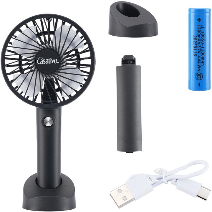 Actual product image Casativo 2-in-1 Hand- & Tisch-Ventilator, Akku- & USB-Betrieb, schwarz, 3-stufig, Ø 9,5 cm