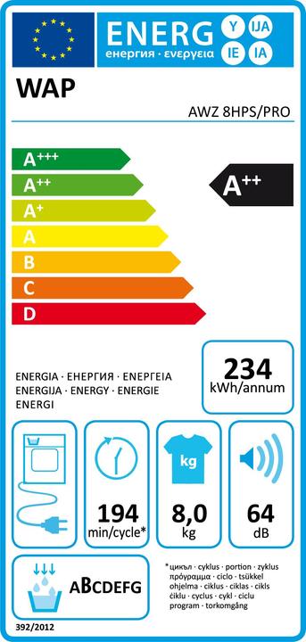 Etichetta energetica Whirlpool AWZ8HPS/Pro (8 kg, Modificabile, A destra)