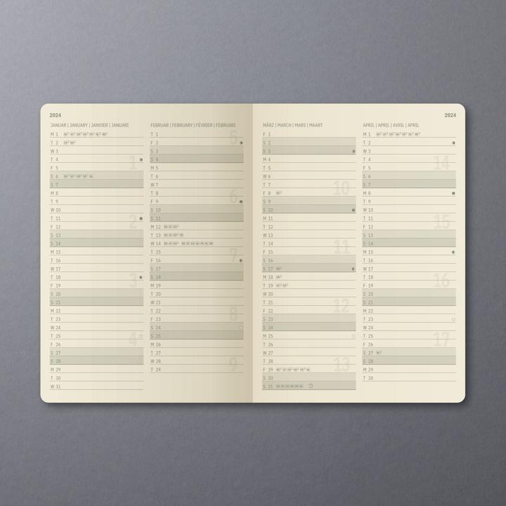 Valeurs nutritives et ingrédients Sigel Agenda mensuel 2024 C2485 noir, 2S/1M, SC, 140x93x5mm (A6, Couverture souple, Allemand)