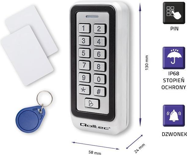 Produktbild Qoltec 52442 Codeschloss RHEA su RFID-Leser Code Card Schlüsselanhänger Türklingel IP68 EM
