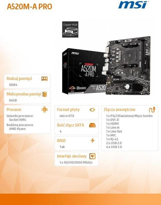 Immagine prodotto MSI A520M-A Pro (AM4, AMD A520, mATX)