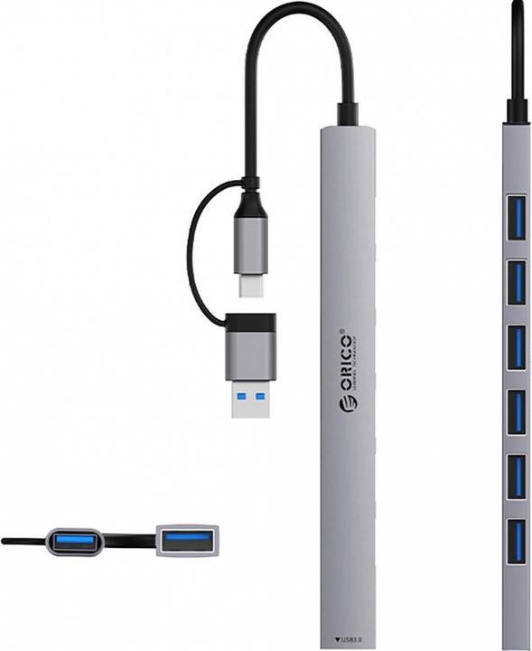 Actual product image Orico Converter YSA2-U3 USB-A/USB-C Hub Docking Station 1x USB-A 3.0 + 6x USB-A 2.0 - Gray (USB-A, 7 Ports)
