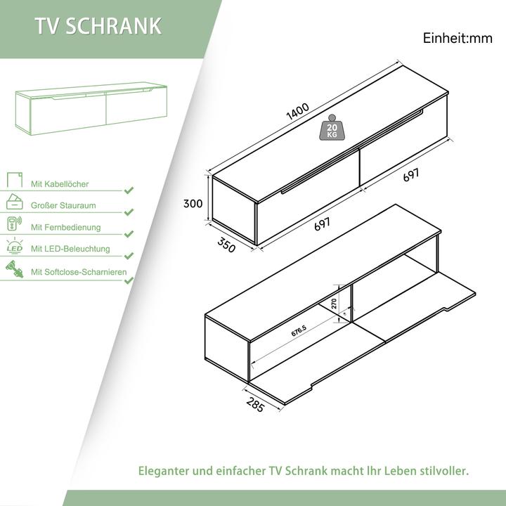 Image du produit SONNI Panneau TV noir extra-plat, brillant, avec éclairage LED (réglable en 12 couleurs), avec porte