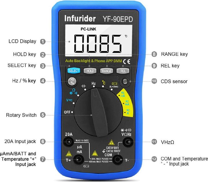 Actual product image Infurider Digitales Bluetooth-Multimeter YF-90EPD (Auto-Range)